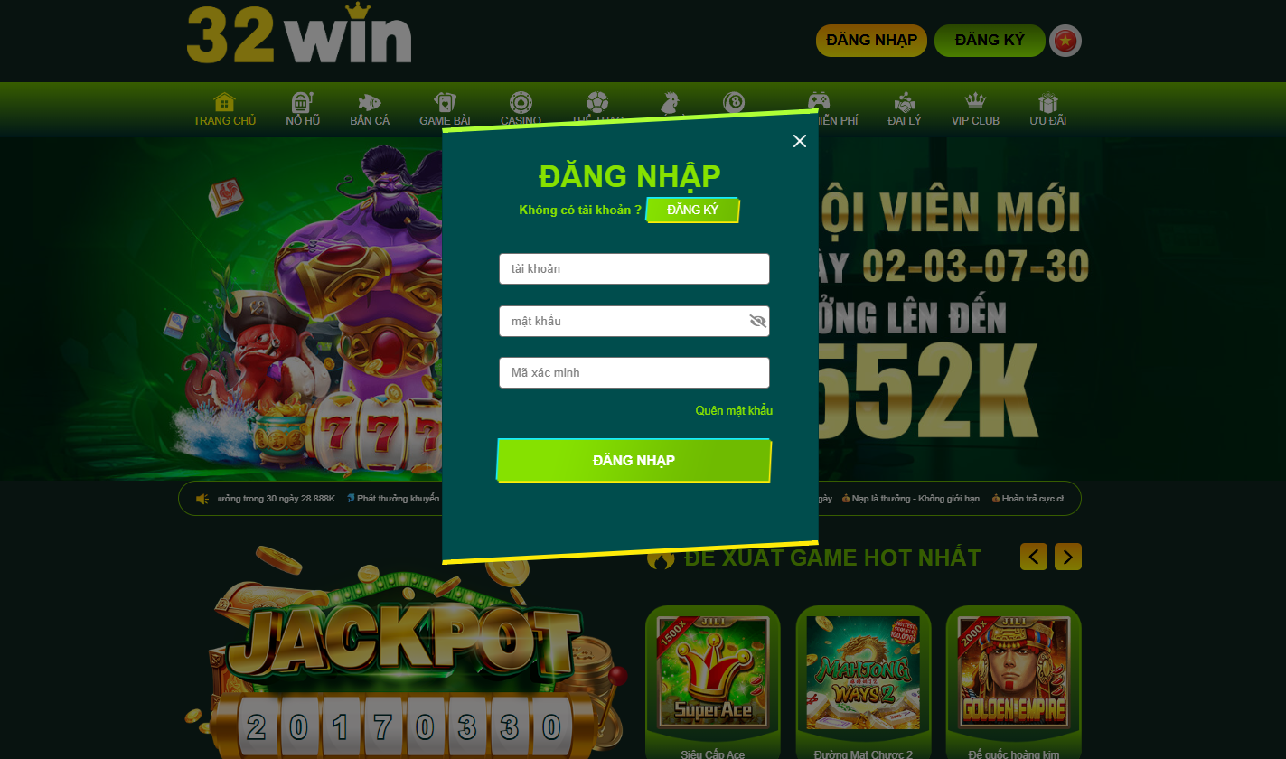Form điền thông tin đăng nhập tài khoản 32win